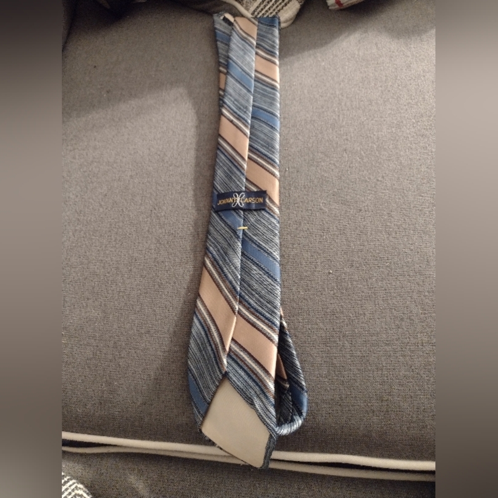 Johnny Carson Blue and Tan Striped Silk Tie.